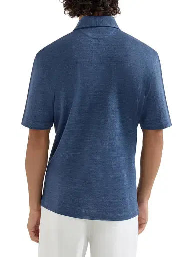 Brunello Cucinelli Men's Linen and Cotton Mélange Jersey Polo with Shirt Style Collar - Denim | Thumbnail 3 Brunello Cucinelli Men's Linen and Cotton Mélange Jersey Polo with Shirt Style Collar - Denim | Thumbnail 3