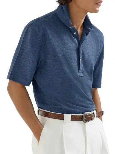 Brunello Cucinelli Men's Linen and Cotton Mélange Jersey Polo with Shirt Style Collar - Denim | Thumbnail 4 Brunello Cucinelli Men's Linen and Cotton Mélange Jersey Polo with Shirt Style Collar - Denim | Thumbnail 4