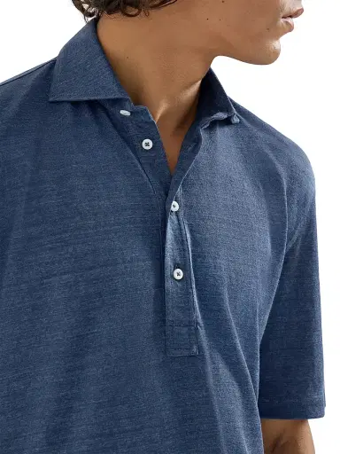 Brunello Cucinelli Men's Linen and Cotton Mélange Jersey Polo with Shirt Style Collar - Denim | Thumbnail 5 Brunello Cucinelli Men's Linen and Cotton Mélange Jersey Polo with Shirt Style Collar - Denim | Thumbnail 5