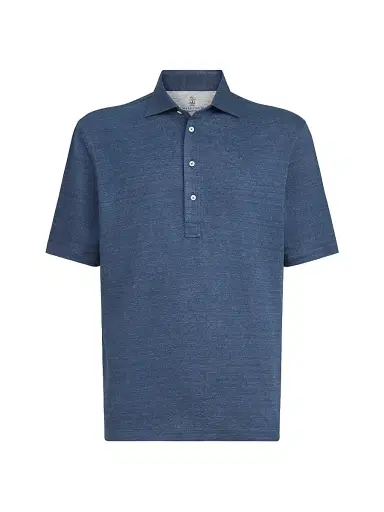Brunello Cucinelli Men's Linen and Cotton Mélange Jersey Polo with Shirt Style Collar - Denim | Thumbnail 1 Brunello Cucinelli Men's Linen and Cotton Mélange Jersey Polo with Shirt Style Collar - Denim | Thumbnail 1