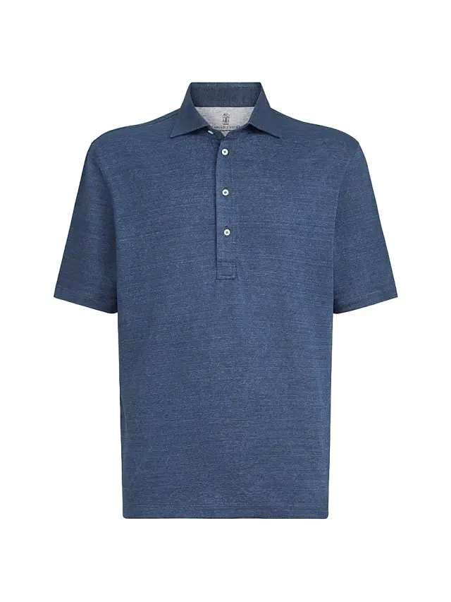 Brunello Cucinelli Men's Linen and Cotton Mélange Jersey Polo with Shirt Style Collar - Denim