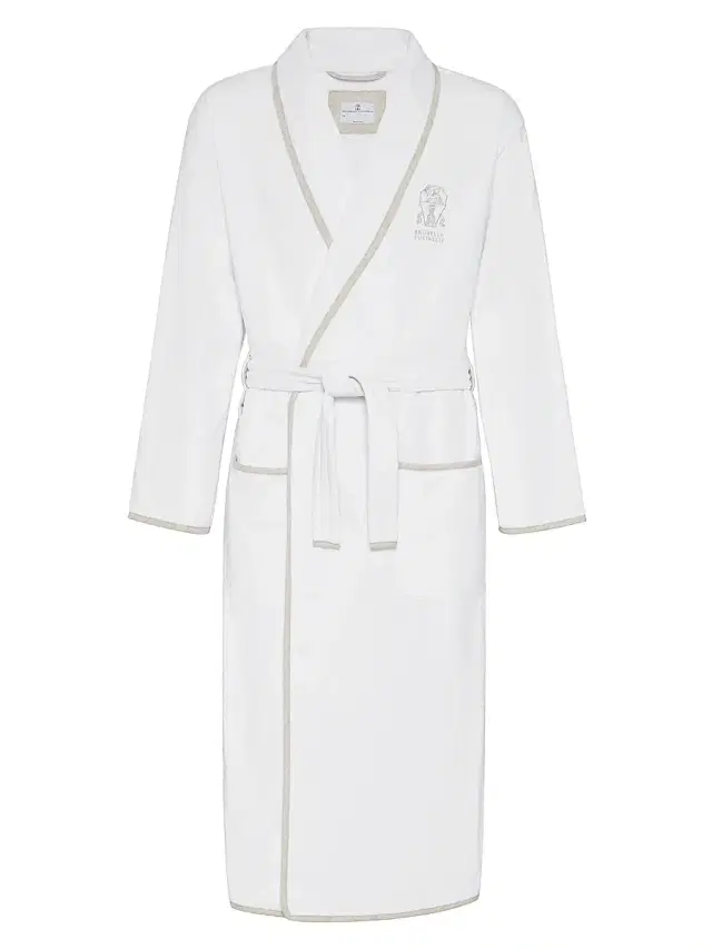 Women's Cotton Terrycloth Bathrobe with Linen Trims - Desert