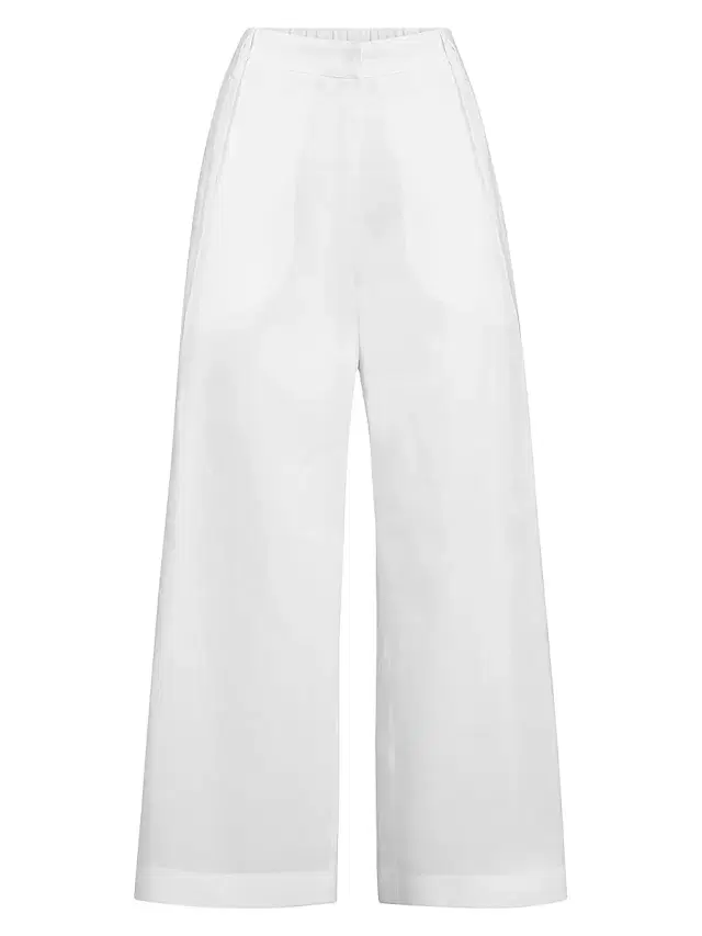 Women's Cotton Pleated A-Line Trousers with Monili - White