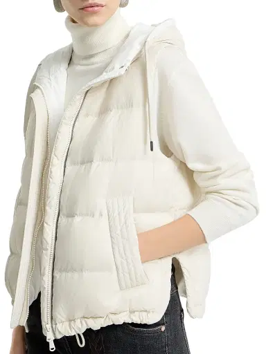 Brunello Cucinelli Women's Lightweight Matte Nylon Down Vest with Hood and Shiny Trim - Milk | Thumbnail 4 Brunello Cucinelli Women's Lightweight Matte Nylon Down Vest with Hood and Shiny Trim - Milk | Thumbnail 4