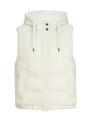 Brunello Cucinelli Women's Lightweight Matte Nylon Down Vest with Hood and Shiny Trim - Milk | Thumbnail 1 Brunello Cucinelli Women's Lightweight Matte Nylon Down Vest with Hood and Shiny Trim - Milk | Thumbnail 1