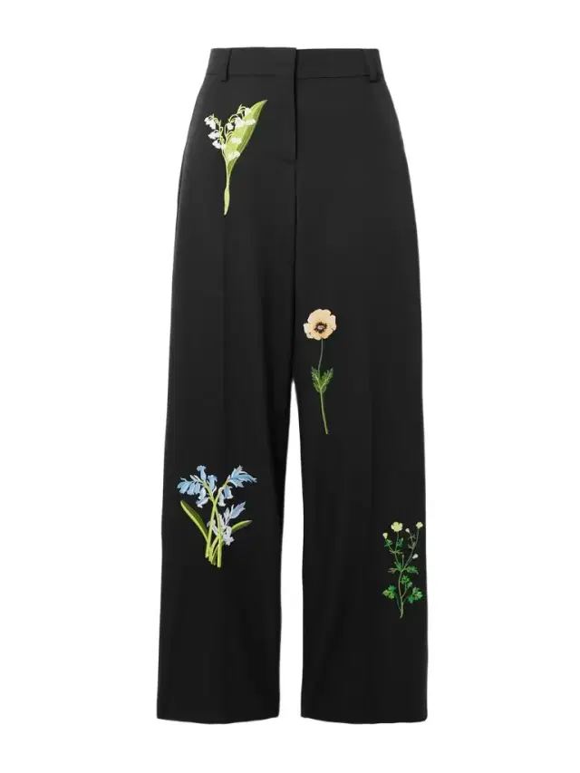 Embroidered Wool-twill Wide-leg Pants