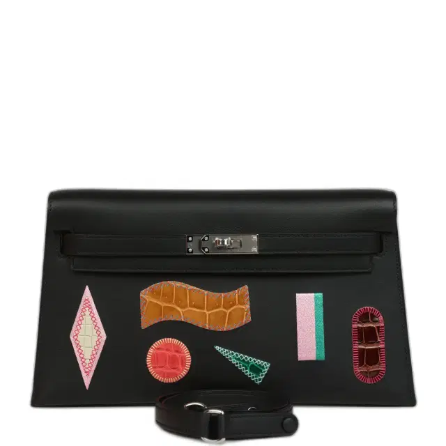 hermes Hermes Kelly Elan Broderie Black Bet-Tab Swift, Niloticus Crocodile and Alligator Palladium Hardware