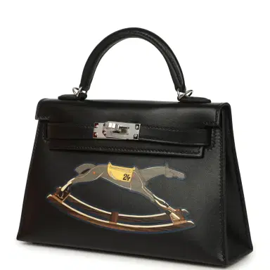 HERMÈS Hermes Kelly Sellier 20 "Cheval De Bois" Black and Multi Tadelakt Palladium Hardware | Thumbnail 5 HERMÈS Hermes Kelly Sellier 20 "Cheval De Bois" Black and Multi Tadelakt Palladium Hardware | Thumbnail 5