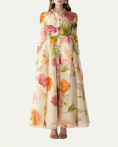 Carolina Herrera Floral Silk Organza Belted Long-Sleeve Maxi Trench Dress | Thumbnail 2 Carolina Herrera Floral Silk Organza Belted Long-Sleeve Maxi Trench Dress | Thumbnail 2