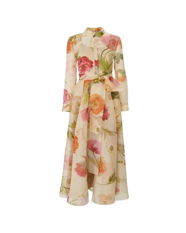 Floral Silk Organza Belted Long-Sleeve Maxi Trench Dress Floral Silk Organza Belted Long-Sleeve Maxi Trench Dress