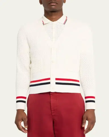 Thom Browne Men's Stitch Cotton RWB Half Cardigan | Thumbnail 4 Thom Browne Men's Stitch Cotton RWB Half Cardigan | Thumbnail 4