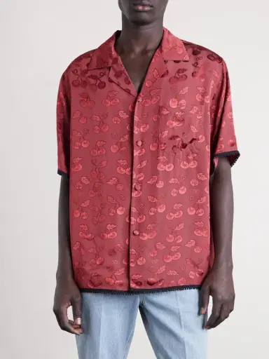 Valentino Garavani Cherryfic Camp-Collar Crochet-Trimmed Jacquard Shirt - Men | Thumbnail 3