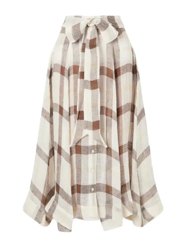 Tie-detailed Checked Linen-blend Gauze Midi Skirt