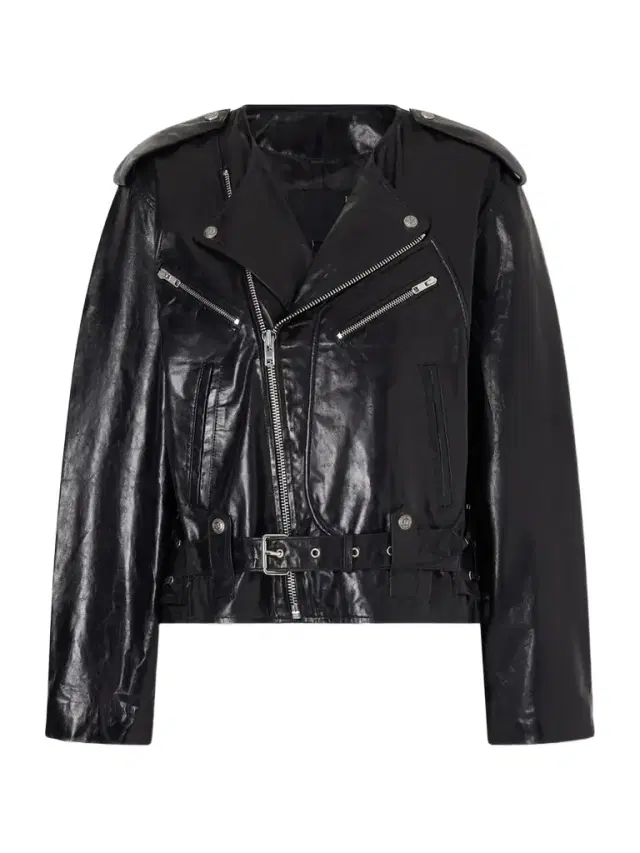 Belted Embellished Leather Biker Jacket