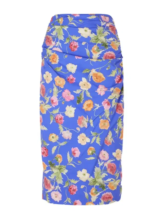 Ruched Floral-print Cotton-blend Midi Skirt