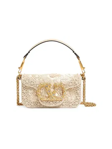 Valentino Garavani Women's Locò Small Embroidered Shoulder Bag with Jewel Logo - Butter | Thumbnail 1 Valentino Garavani Women's Locò Small Embroidered Shoulder Bag with Jewel Logo - Butter | Thumbnail 1