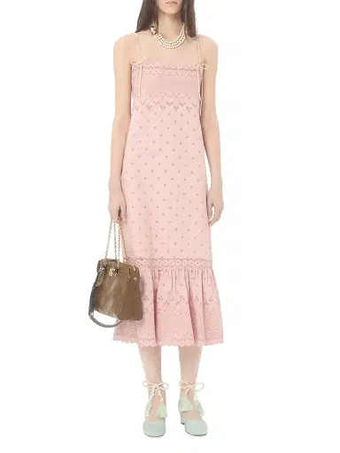 Valentino Garavani Women's Midi Dress in Sangallo with Fleur A Jours Margheritine - Pink - Size 6 | Thumbnail 7