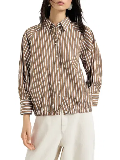 Brunello Cucinelli Women's Cotton Shadow Stripe Poplin Shirt with Monili - Brown | Thumbnail 2 Brunello Cucinelli Women's Cotton Shadow Stripe Poplin Shirt with Monili - Brown | Thumbnail 2