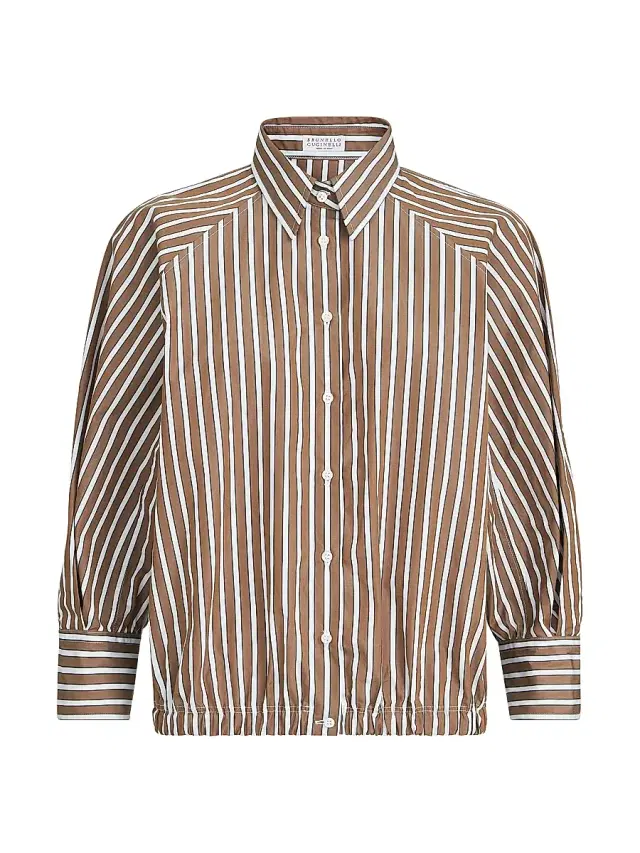 Women's Cotton Shadow Stripe Poplin Shirt with Monili - Brown