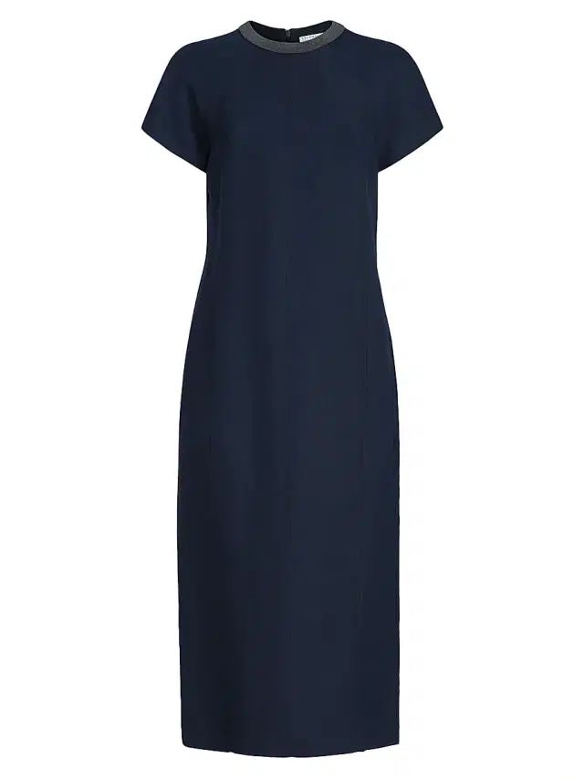 Brunello Cucinelli Women's Viscose and Linen Fluid Twill Dress with Precious Collar - Blue