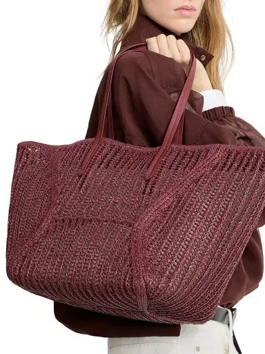 Brunello Cucinelli Women's Duo Tote Bag in Techno Raffia Knit with Monili - Red | Thumbnail 2