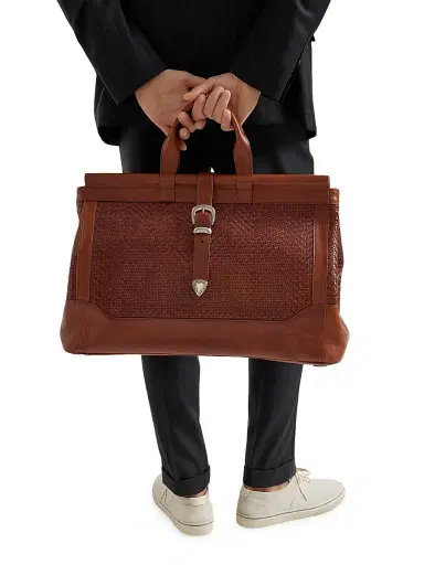 Brunello Cucinelli Men's Braided Leather and Cowhide Doctor Bag - Cognac | Thumbnail 2 Brunello Cucinelli Men's Braided Leather and Cowhide Doctor Bag - Cognac | Thumbnail 2