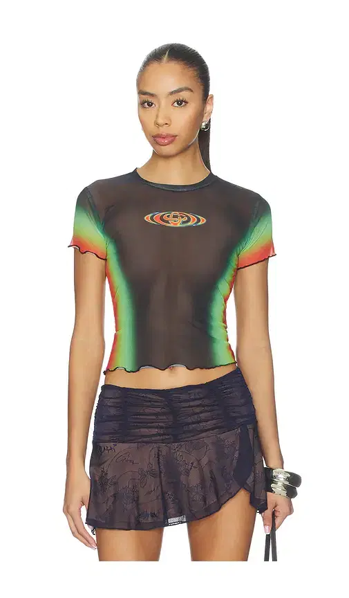 Casablanca Scallop Short Sleeve Printed Mesh Top