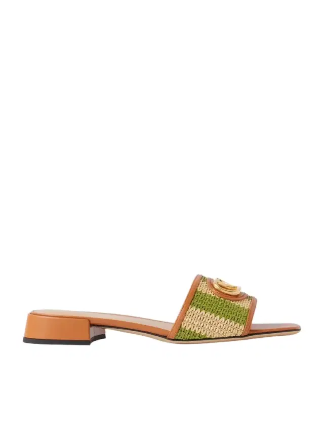 Vlogo Embellished Leather-trimmed Striped Raffia Slides