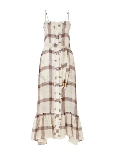 Lisa Marie Fernandez Belted Embellished Tiered Ruffled Checked Linen-blend Gauze Maxi Dress | Thumbnail 1 Lisa Marie Fernandez Belted Embellished Tiered Ruffled Checked Linen-blend Gauze Maxi Dress | Thumbnail 1