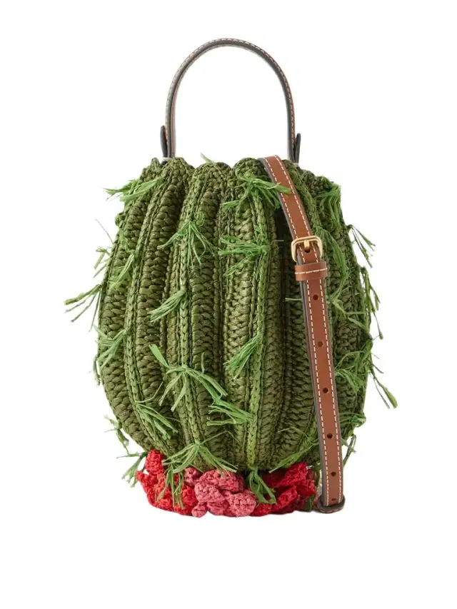 Cactus Leather-trimmed Raffia Shoulder Bag