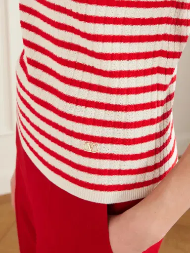 Valentino Garavani Embellished Striped Ribbed Cotton T-shirt | Thumbnail 5 Valentino Garavani Embellished Striped Ribbed Cotton T-shirt | Thumbnail 5