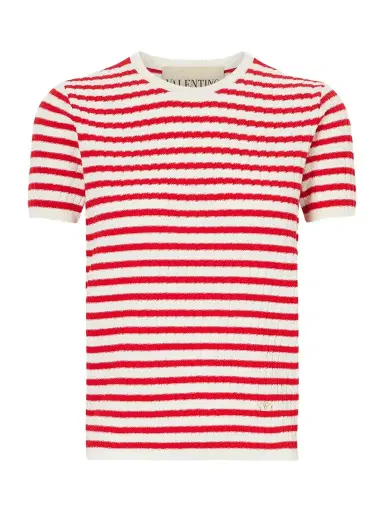 Valentino Garavani Embellished Striped Ribbed Cotton T-shirt | Thumbnail 1 Valentino Garavani Embellished Striped Ribbed Cotton T-shirt | Thumbnail 1