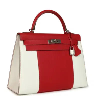 HERMÈS Pre-owned Hermes Flag Kelly Sellier 32 Rouge Casaque and White Epsom Palladium Hardware | Thumbnail 2