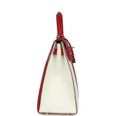 HERMÈS Pre-owned Hermes Flag Kelly Sellier 32 Rouge Casaque and White Epsom Palladium Hardware | Thumbnail 3