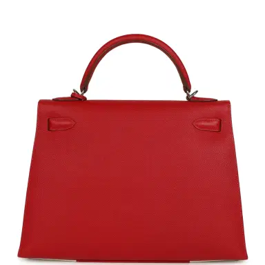 HERMÈS Pre-owned Hermes Flag Kelly Sellier 32 Rouge Casaque and White Epsom Palladium Hardware | Thumbnail 4