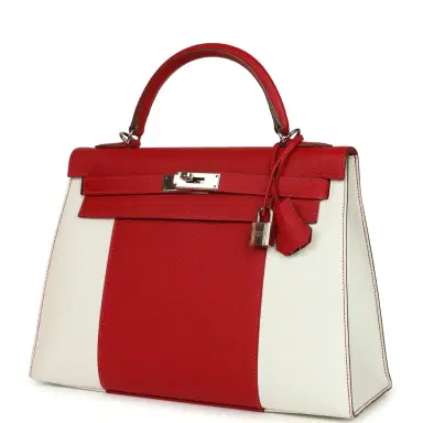 HERMÈS Pre-owned Hermes Flag Kelly Sellier 32 Rouge Casaque and White Epsom Palladium Hardware | Thumbnail 5