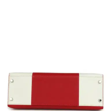 HERMÈS Pre-owned Hermes Flag Kelly Sellier 32 Rouge Casaque and White Epsom Palladium Hardware | Thumbnail 6