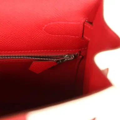 HERMÈS Pre-owned Hermes Flag Kelly Sellier 32 Rouge Casaque and White Epsom Palladium Hardware | Thumbnail 8