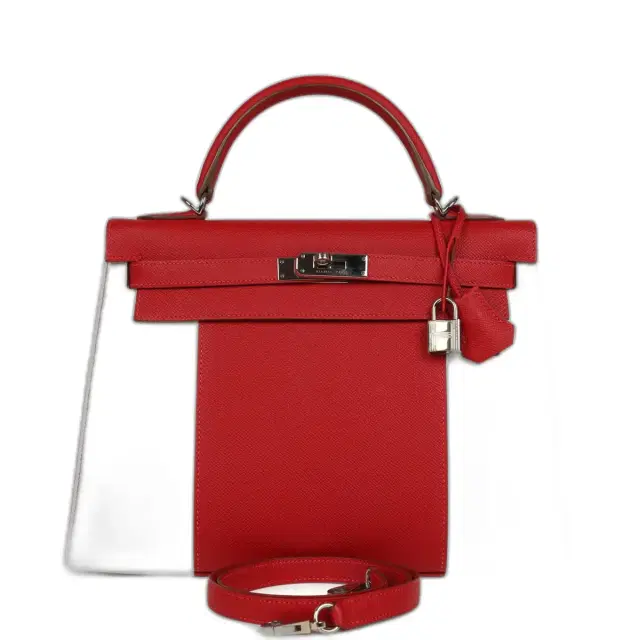 HERMÈS Pre-owned Hermes Flag Kelly Sellier 32 Rouge Casaque and White Epsom Palladium Hardware