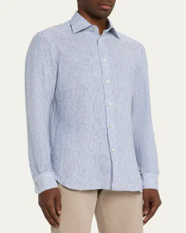 Kiton Men's Linen Bengal Stripe Button-Down Shirt | Thumbnail 4 Kiton Men's Linen Bengal Stripe Button-Down Shirt | Thumbnail 4