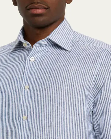 Kiton Men's Linen Bengal Stripe Button-Down Shirt | Thumbnail 5 Kiton Men's Linen Bengal Stripe Button-Down Shirt | Thumbnail 5