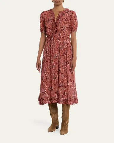 Ulla Johnson Rosamunde Puff-Sleeve Ruffle Chiffon Midi Dress | Thumbnail 2 Ulla Johnson Rosamunde Puff-Sleeve Ruffle Chiffon Midi Dress | Thumbnail 2