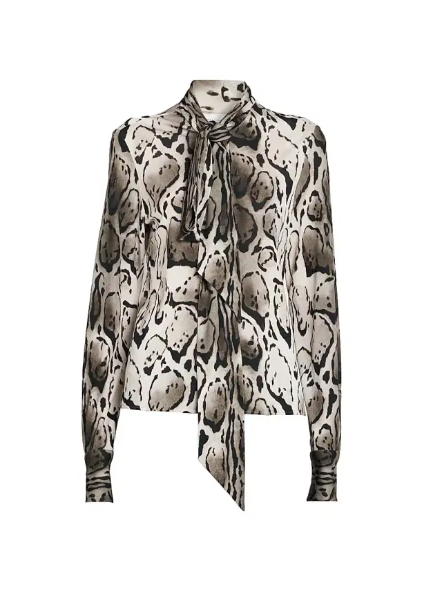 Women's Cloud Leopard Pussy Bow Blouse - Grey Multi