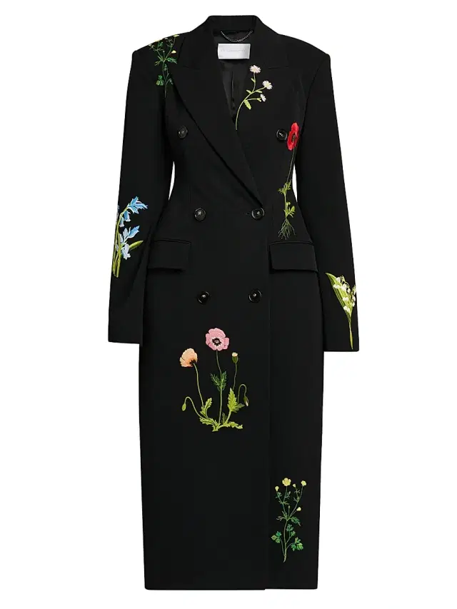 Women's Flower-Embroidered Wool Double-Breasted Coat - Black