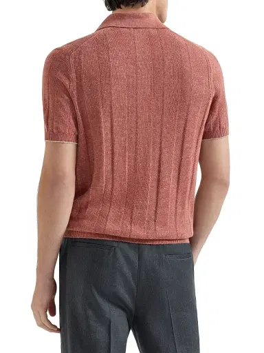 Brunello Cucinelli Men's Linen and Cotton Wide Rib Knit Polo Shirt - Terracotta | Thumbnail 3 Brunello Cucinelli Men's Linen and Cotton Wide Rib Knit Polo Shirt - Terracotta | Thumbnail 3