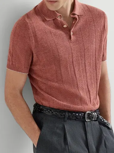 Brunello Cucinelli Men's Linen and Cotton Wide Rib Knit Polo Shirt - Terracotta | Thumbnail 5 Brunello Cucinelli Men's Linen and Cotton Wide Rib Knit Polo Shirt - Terracotta | Thumbnail 5