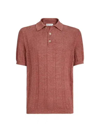 Brunello Cucinelli Men's Linen and Cotton Wide Rib Knit Polo Shirt - Terracotta | Thumbnail 1 Brunello Cucinelli Men's Linen and Cotton Wide Rib Knit Polo Shirt - Terracotta | Thumbnail 1