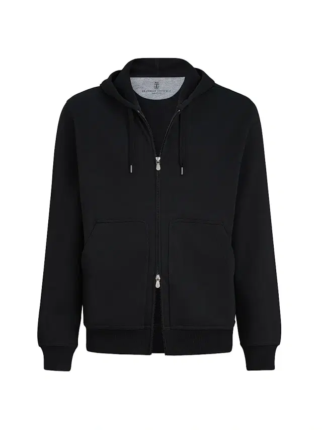 Brunello Cucinelli Men's Techno Cotton French Terry Hooded Sweatshirt with Zipper - Black