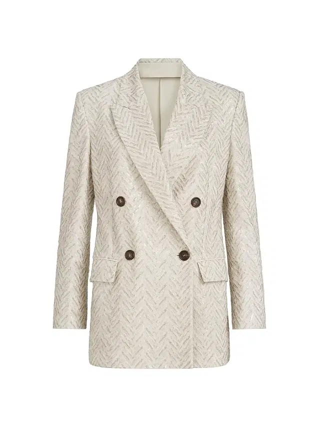 Women's Dazzling Maxi Chevron Embroidery Blazer in Linen - Beige