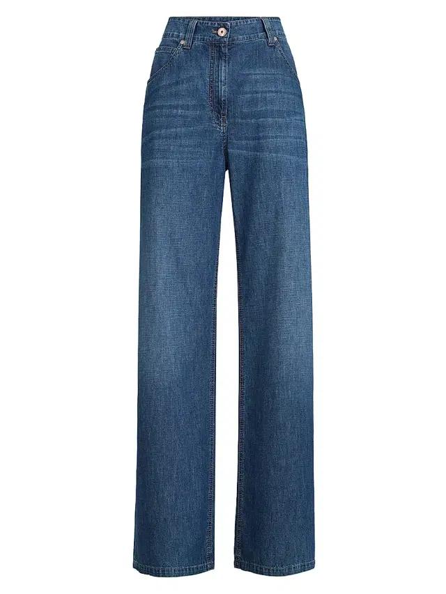 Brunello Cucinelli Women's Lightweight Denim Baggy Trousers with Monili - Denim